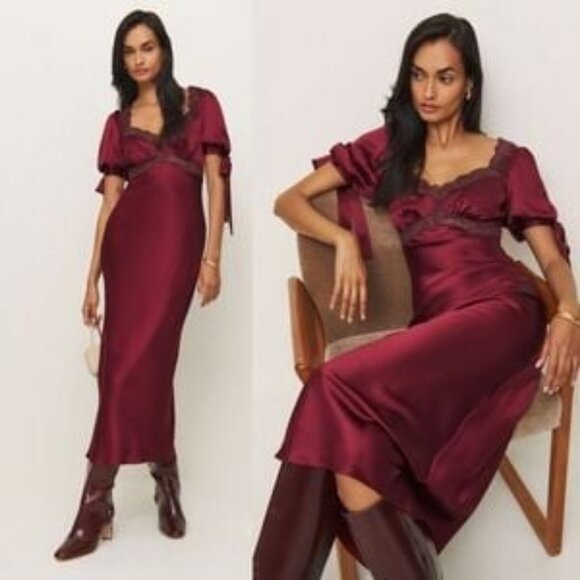 NWT REFORMATION x Kacey Musgraves Stella Silk Midi Dress Crimson 4 MSRP $348 - Picture 1 of 9